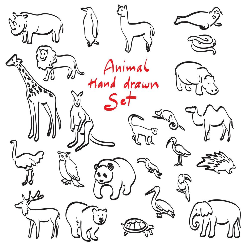 animal conjunto ilustração vetorial mão desenhada isolada na arte de linha de fundo branco. vetor