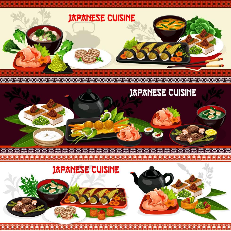 sushi japonês e pratos de carne asiática com legumes vetor