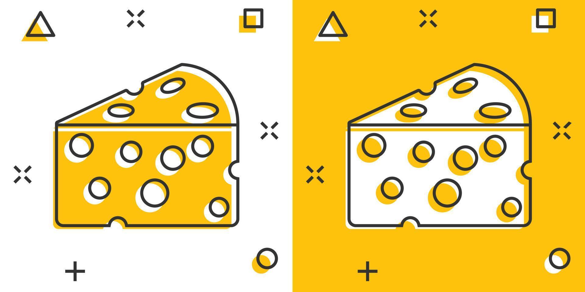 ícone de fatia de queijo em estilo cômico. ilustração em vetor leite comida dos desenhos animados no fundo isolado. conceito de negócio de sinal de efeito de respingo de café da manhã.