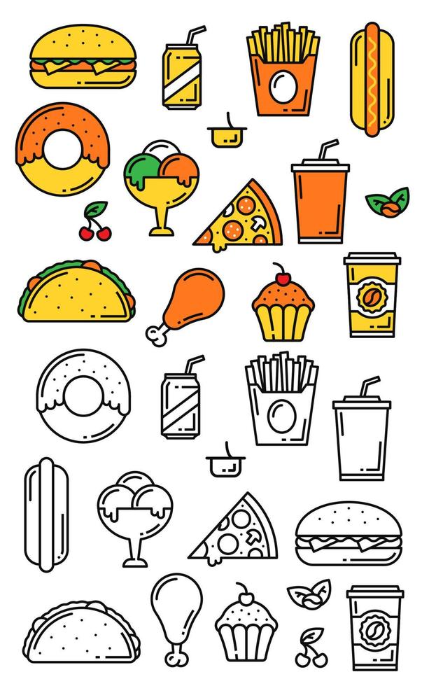 refeições de fast food ícones de menu de vetor de linha fina