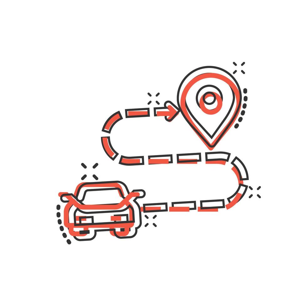 ícone de destino de carro em estilo cômico. ilustração em vetor dos desenhos animados de navegação do carro no fundo branco isolado. localize o conceito de negócio de efeito de respingo de posição.