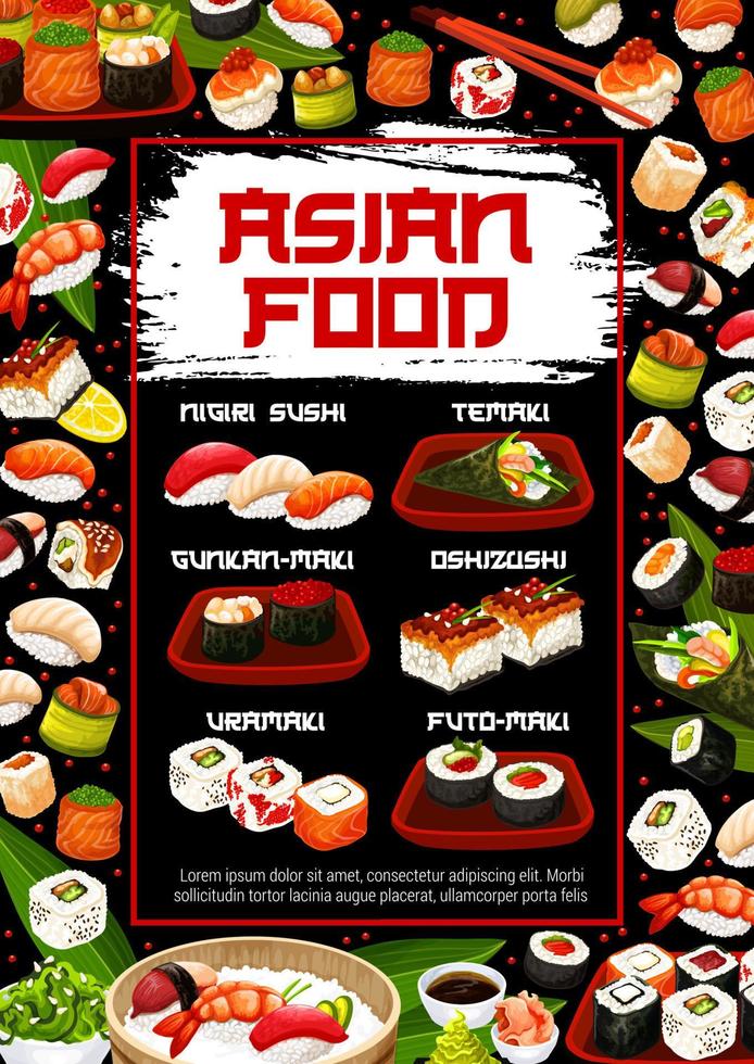 menu de tipos de sushi e rolos japoneses, comida japonesa vetor