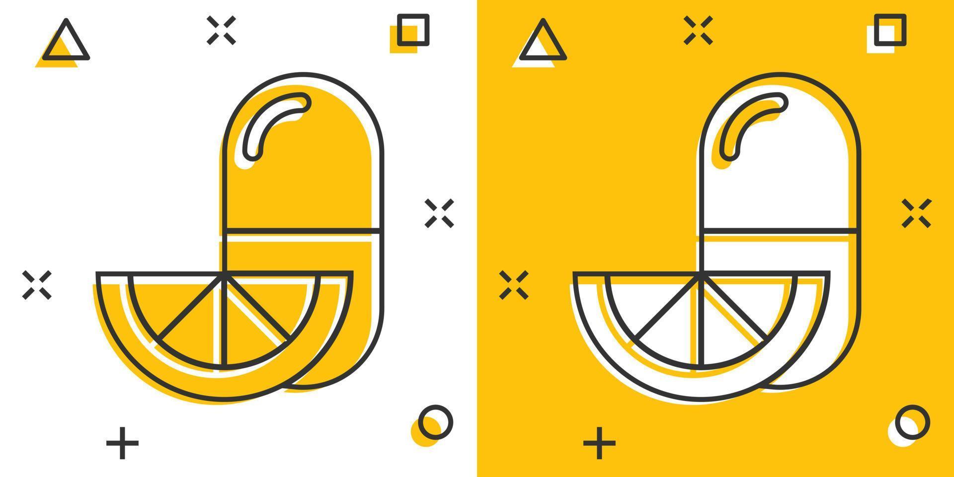 ícone de nota de pílula de vitamina em estilo cômico. ilustração em vetor cápsula dos desenhos animados no fundo branco isolado. conceito de negócio de sinal de efeito de respingo antibiótico.