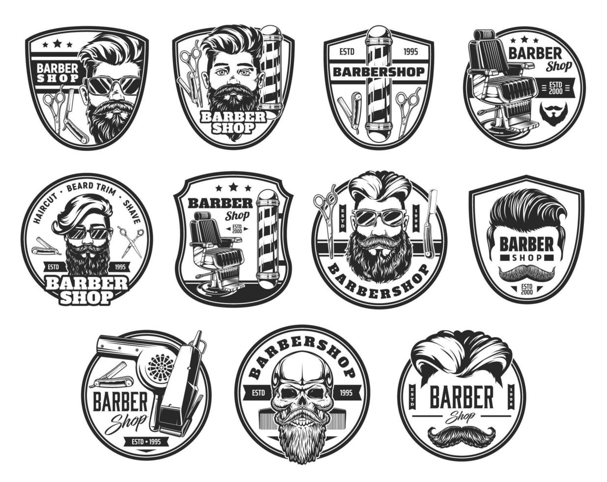 ícones de barbearia e emblemas vintage de salão de barbeiro vetor