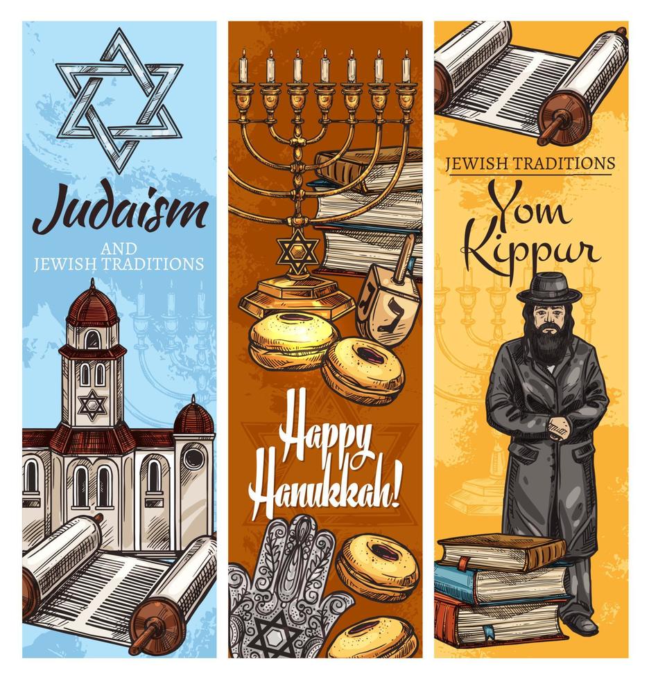 judaísmo religião feriados menorá, torá e rabino vetor