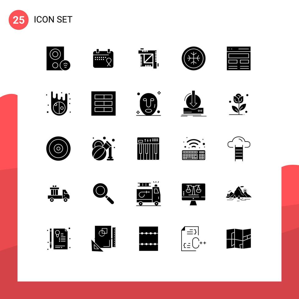 25 glifos sólidos universais definidos para web e aplicativos móveis cabeçalho floco de neve data geada editor gráfico elementos de design de vetores editáveis