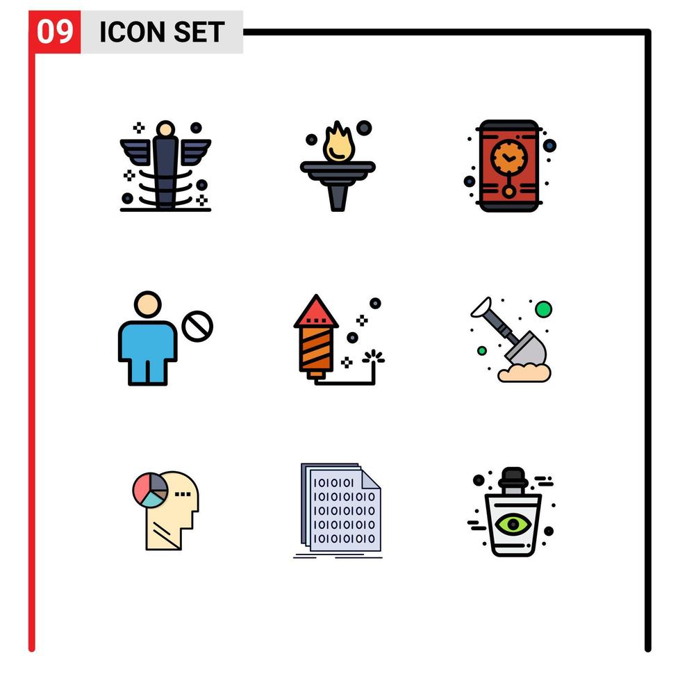 pacote de cores planas de linha preenchida de 9 símbolos universais de celebração negado treinamento corpo avatar elementos de design de vetores editáveis