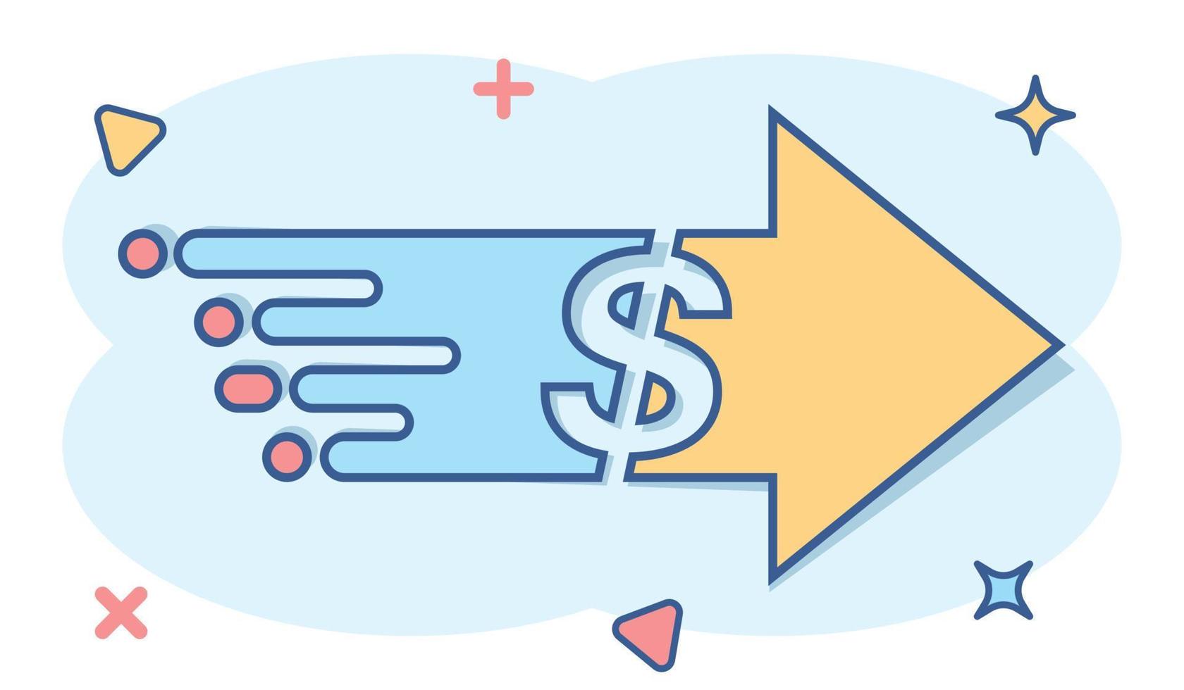 transfira o ícone de dinheiro em estilo cômico. dólar ilustração dos desenhos animados do vetor no fundo branco isolado. efeito de respingo de conceito de negócio de pagamento.