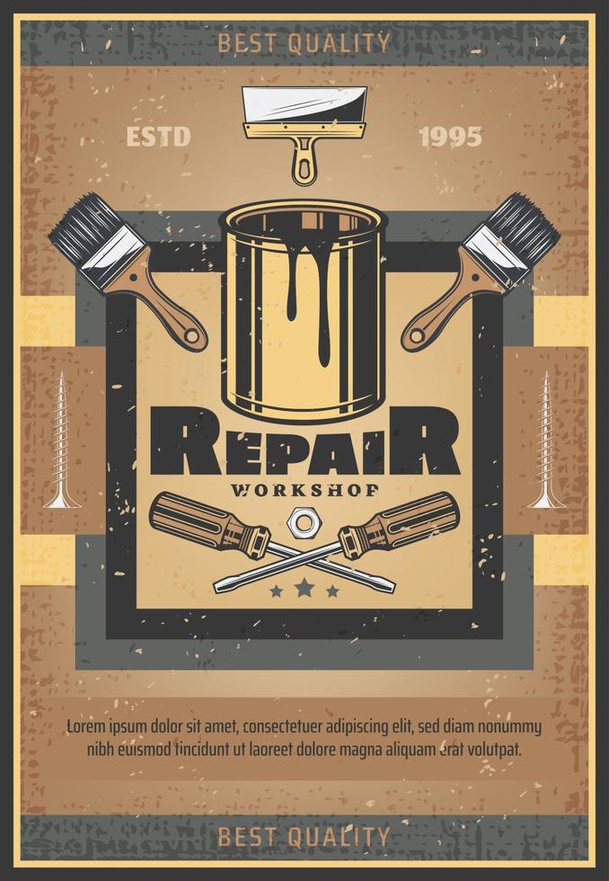 ferramentas de reparo e pôster retrô de vetor de pincel
