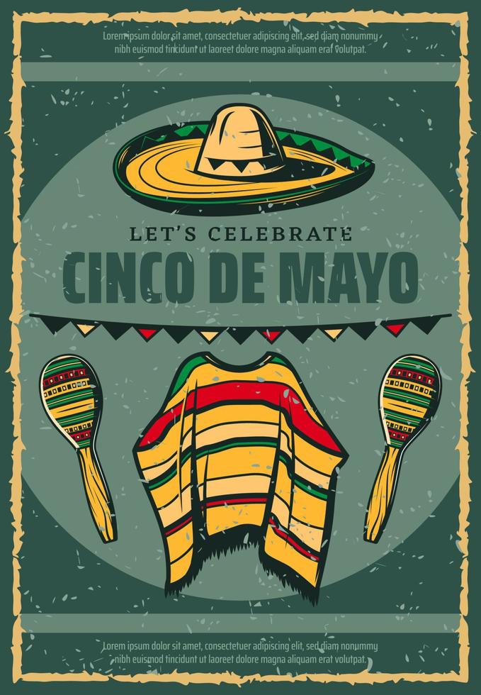 cartaz de desenho retrô sombrero mexicano cinco de maio vetor
