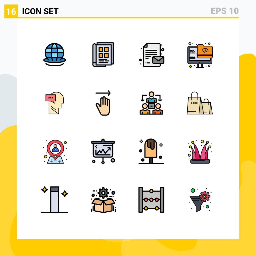 pacote de 16 sinais e símbolos de linhas preenchidas de cores planas modernas para mídia de impressão na web, como arquivo de monitor de catálogo telefônico de tela de diálogo, elementos de design de vetores criativos editáveis