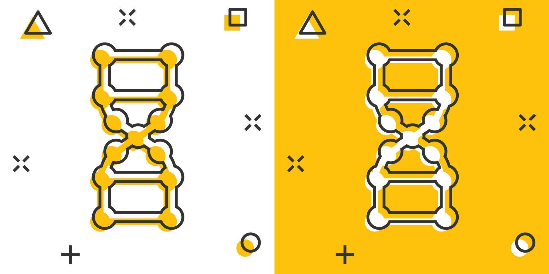 ícone da molécula de DNA em estilo cômico. ilustração em vetor átomo dos desenhos animados no fundo branco isolado. conceito de negócio de sinal de efeito de respingo espiral molecular.