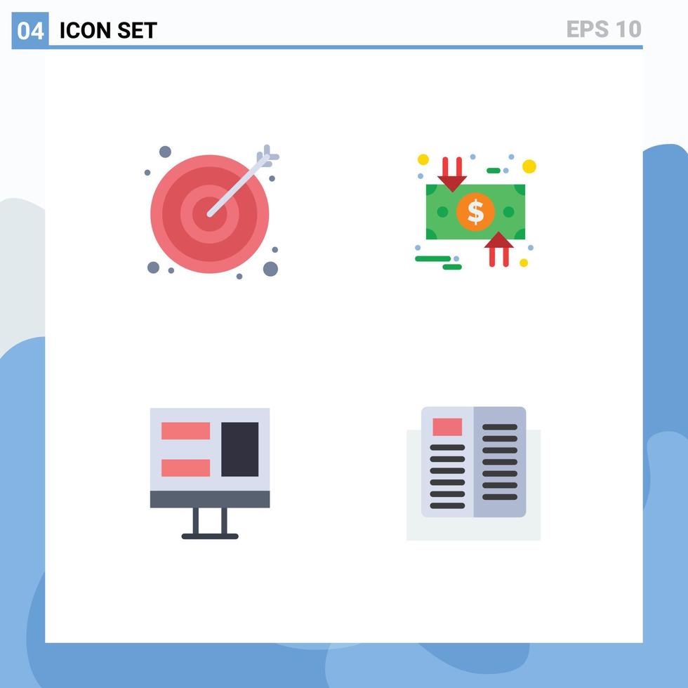 conjunto moderno de 4 ícones e símbolos planos, como monitor de seta, carga em dólar e elementos de design de vetores editáveis