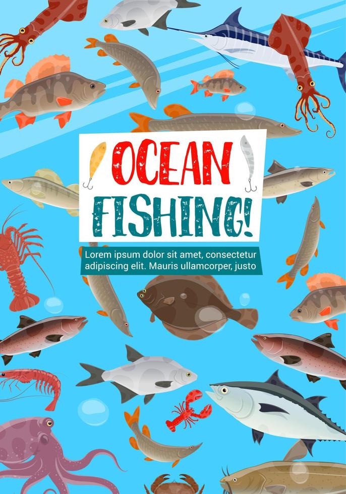 cartaz de esporte de pesca com peixes do oceano vetor