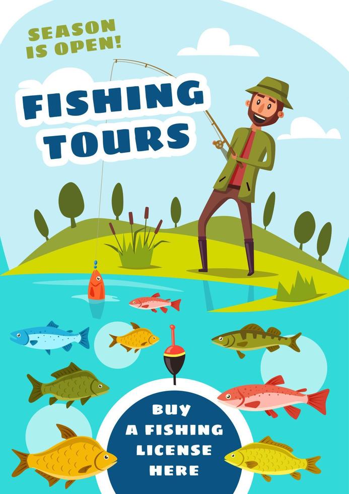 passeios de pesca para cartaz de pescadores com peixes no lago vetor