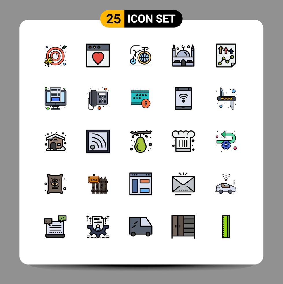 25 cores planas de linha preenchida universal definidas para página de aplicativos móveis e web dados bicicleta ramadã mesquita elementos de design de vetores editáveis