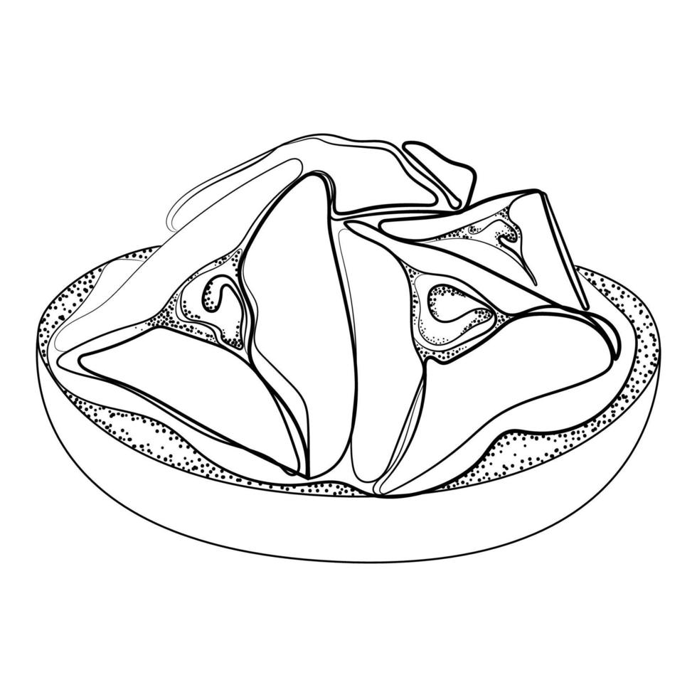 biscoitos hamantaschen em ilustração vetorial de desenho de arte de linha de prato guloseimas tradicionais para o festival judaico de purim seketch preto e branco com sobremesa de biscoitos hamantaschen vetor