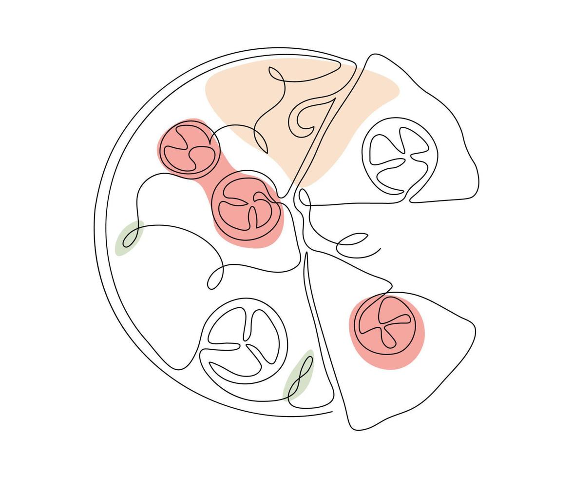 um pedaço de pizza desenhado com uma monolinha, arte de uma linha, contorno. logotipo da pizzaria vetor