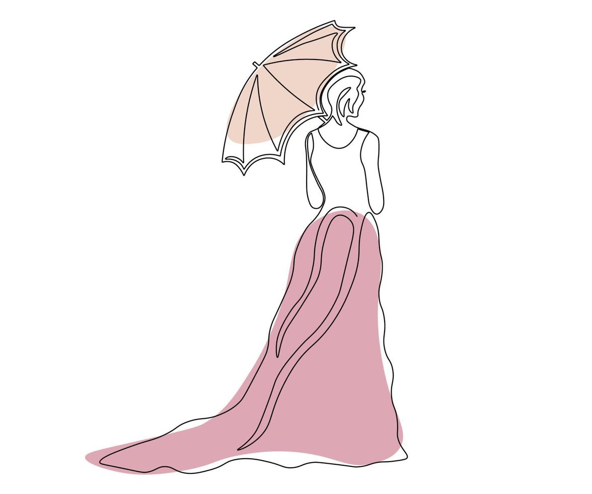 uma mulher em um velho vestido longo com um guarda-chuva do sol fica de costas, desenhada à mão, linha mono, arte de uma linha vetor