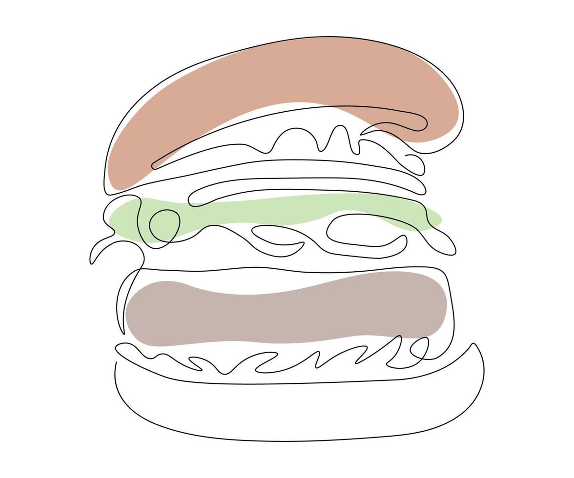 hambúrguer, cheeseburger desenhado com uma linha única, arte de uma linha, contorno. logotipo de comida rápida vetor