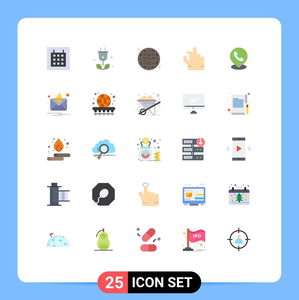 Pacote de cores planas de 25 interfaces de usuário de sinais e símbolos modernos de mapa de alerta, comida, telefone, zoom, elementos de design vetorial editáveis vetor