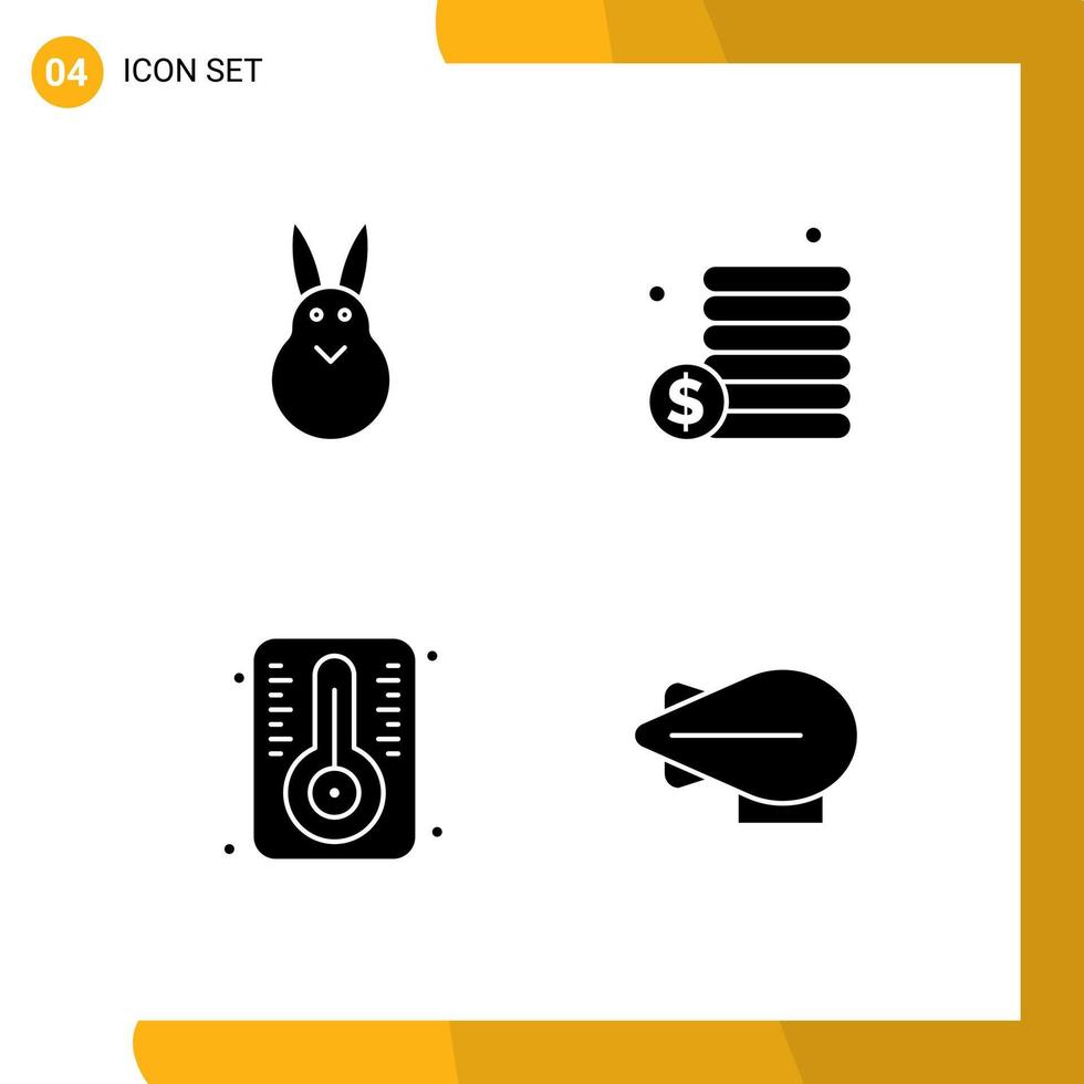 pacote de 4 sinais e símbolos de glifos sólidos modernos para mídia impressa na web, como termômetro de coelho, dinheiro de coelho, zepelim, elementos de design vetorial editáveis vetor