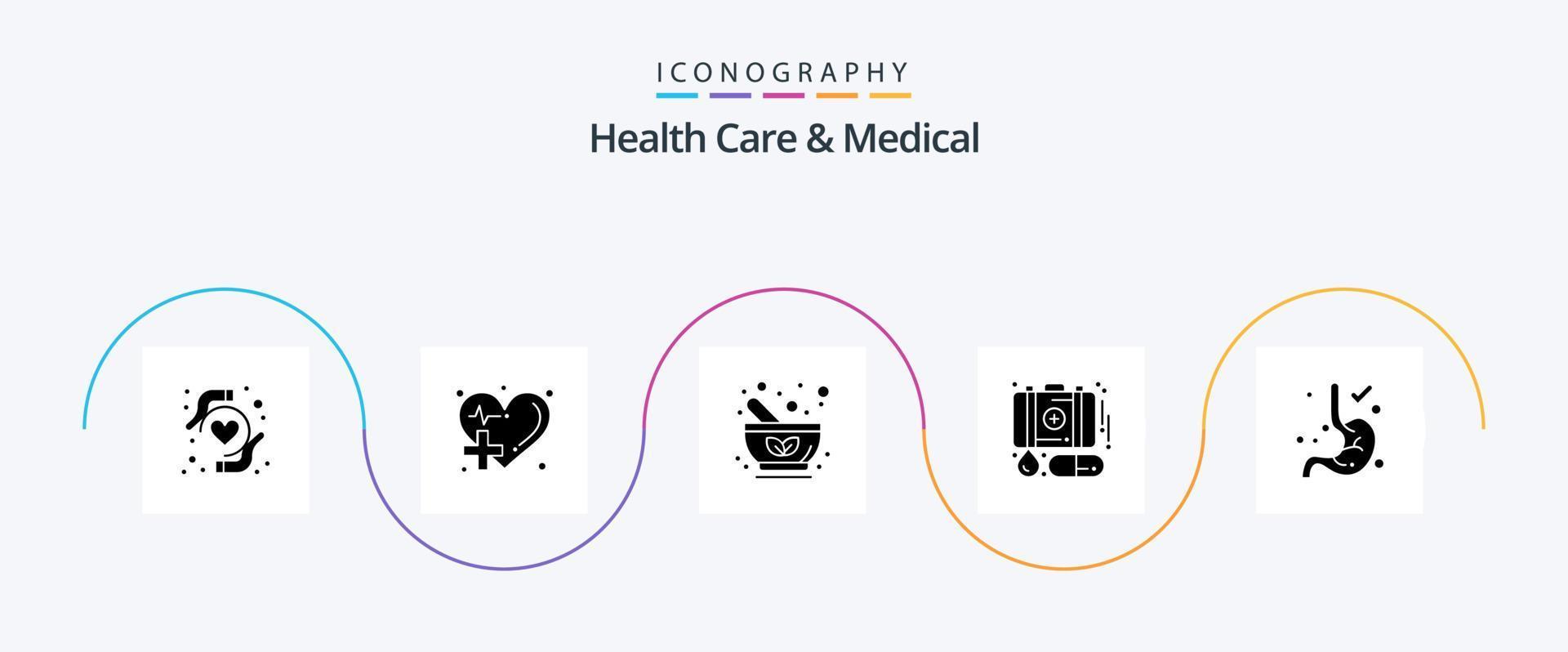 pacote de ícones de cuidados de saúde e glifo médico 5, incluindo digestão. primeiro socorro. tigela. emergência. ervas vetor
