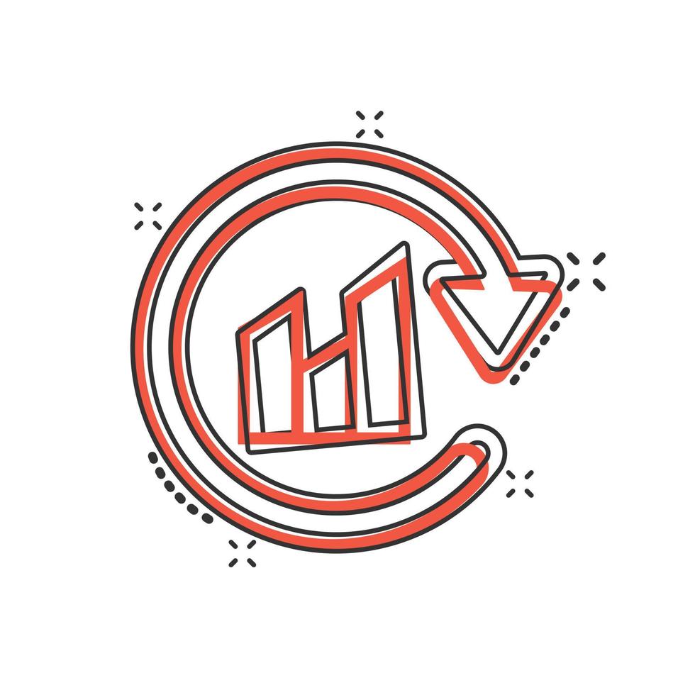 ícone de seta do gráfico em estilo cômico. ilustração em vetor de desenhos animados de análise financeira em fundo branco isolado. conceito de negócio de sinal de efeito de respingo de previsão.