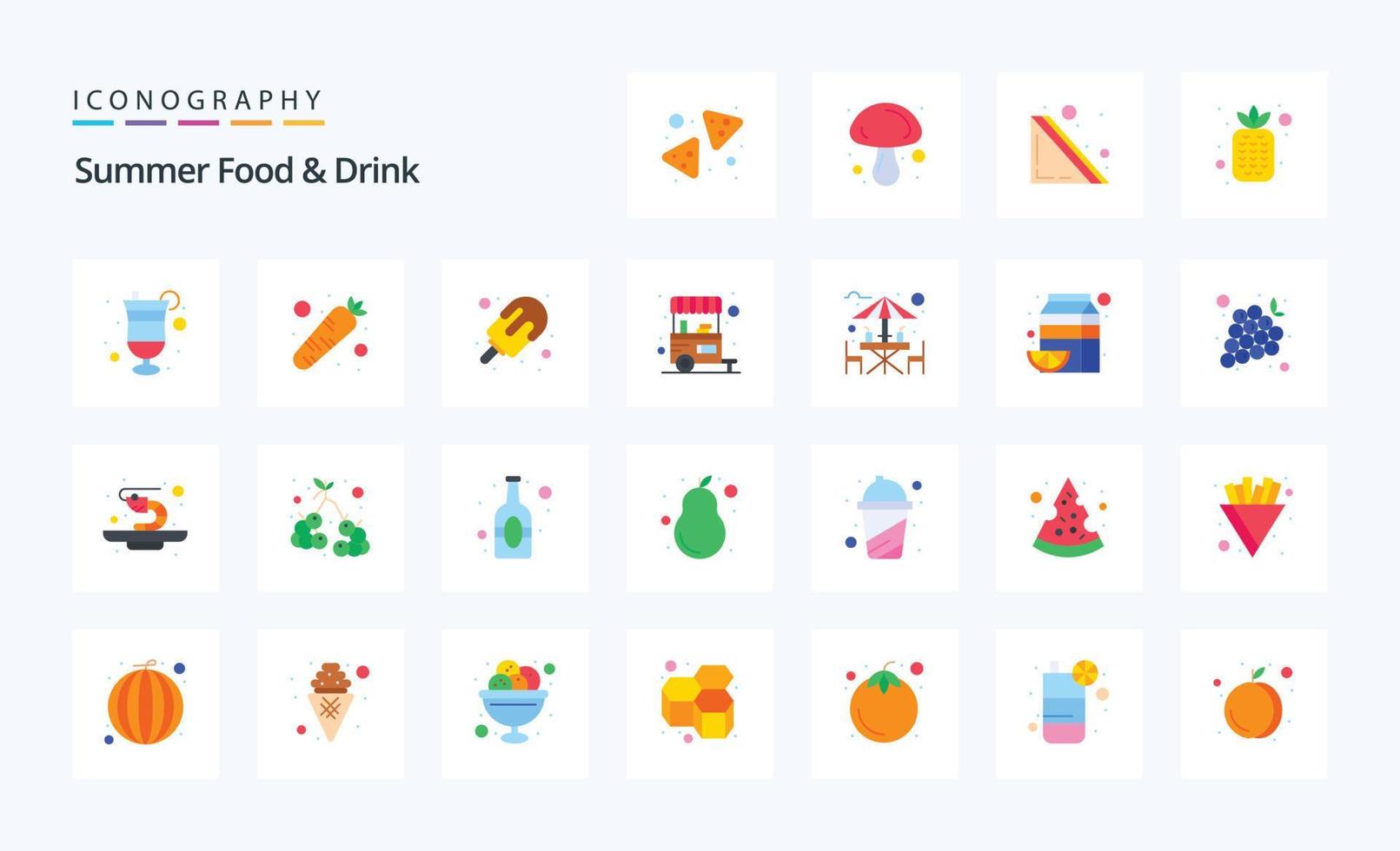 25 pacote de ícones de cores planas para bebidas de comida de verão vetor