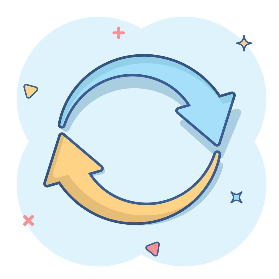 ícone de rotação de seta em estilo cômico. sincronizar a ilustração dos desenhos animados vetor ação no fundo branco isolado. atualizar o efeito de respingo do conceito de negócio do botão.