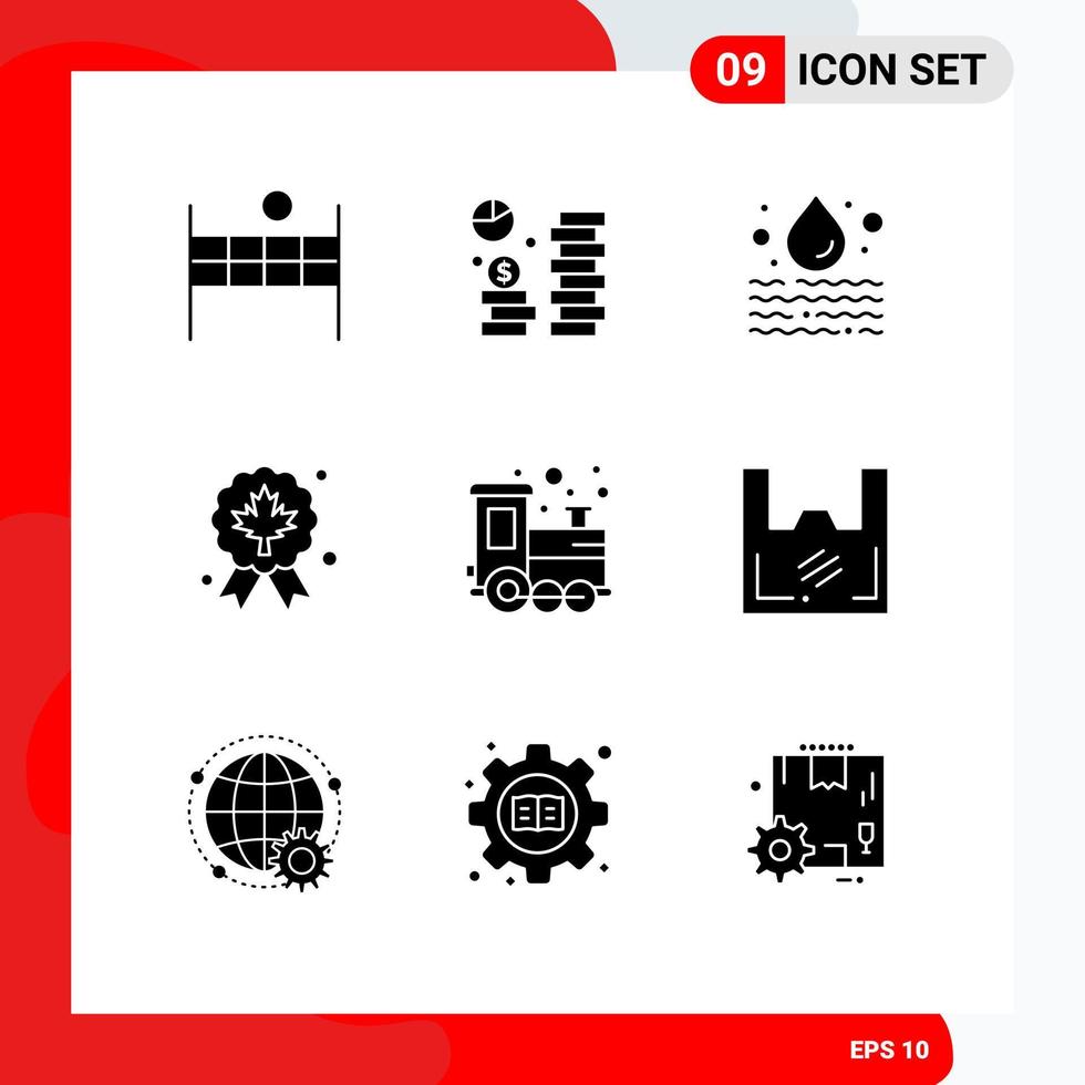 conjunto moderno de 9 glifos e símbolos sólidos, como elementos de design de vetores editáveis de folha de distintivo de água de qualidade de brinquedo