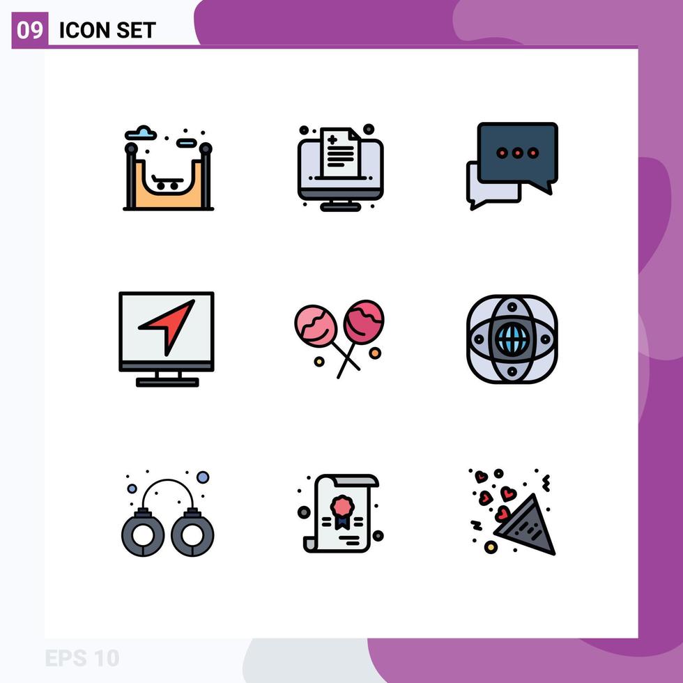 pacote de interface do usuário de 9 cores planas básicas de linha preenchida de confeitaria mensagem de conversação on-line elementos de design de vetores editáveis de computador