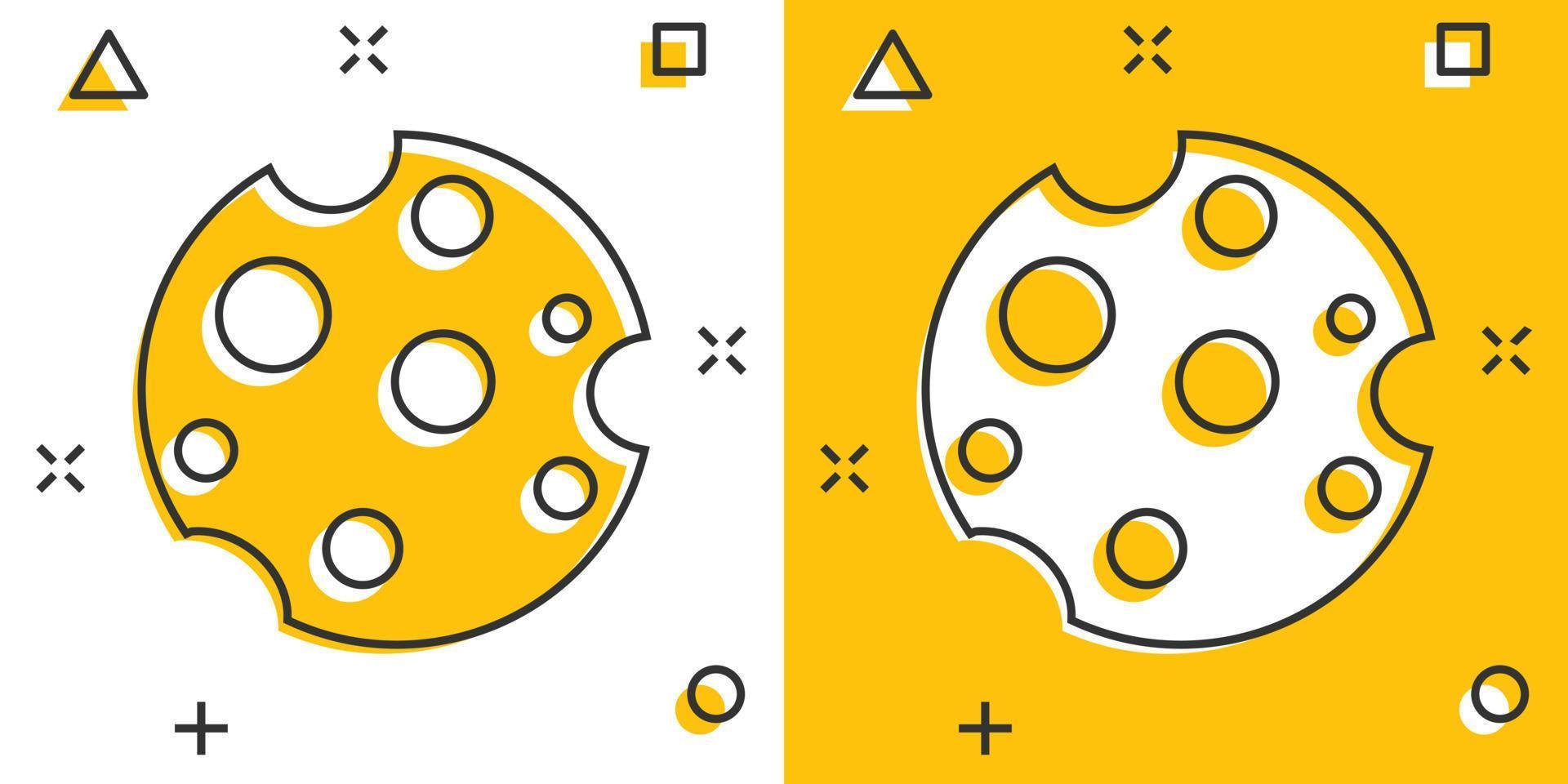 ícone de fatia de queijo em estilo cômico. ilustração em vetor leite comida dos desenhos animados no fundo isolado. conceito de negócio de sinal de efeito de respingo de café da manhã.