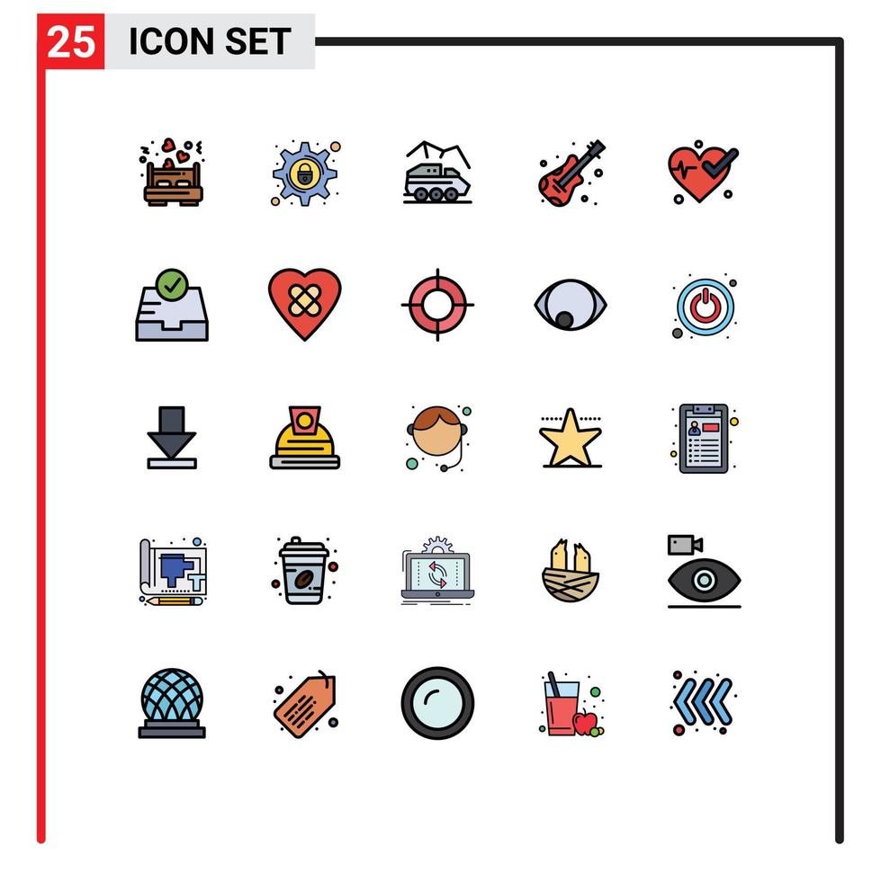 grupo de símbolos de ícone universal de 25 cores planas de linha cheia moderna de instrumento de exploração de música do coração transporte elementos de design de vetores editáveis