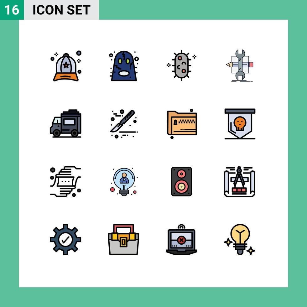 pacote de 16 sinais e símbolos modernos de linhas cheias de cores planas para mídia impressa na web, como bactérias de esboço de ônibus, desenvolvem elementos de design de vetores criativos editáveis