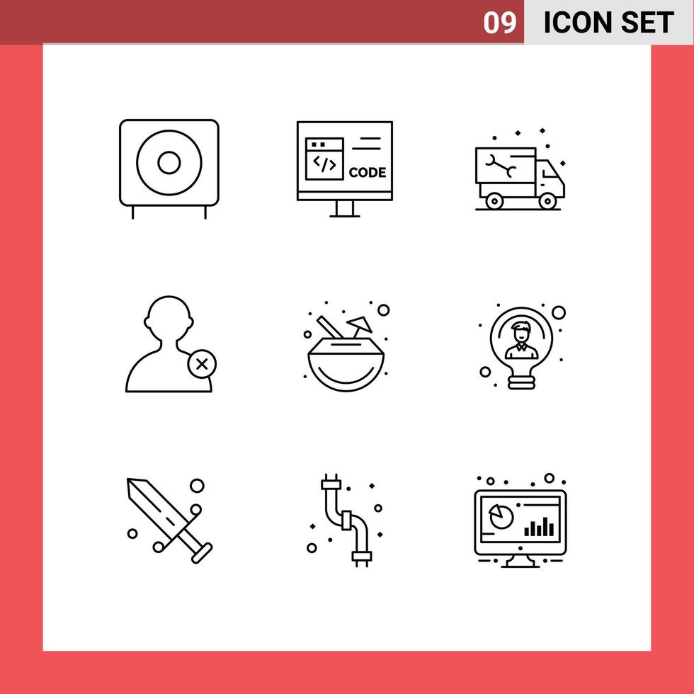 grupo de símbolos de ícone universal de 9 contornos modernos de exclusão de usuário desenvolver elementos de design de vetores editáveis de encanador de caminhão