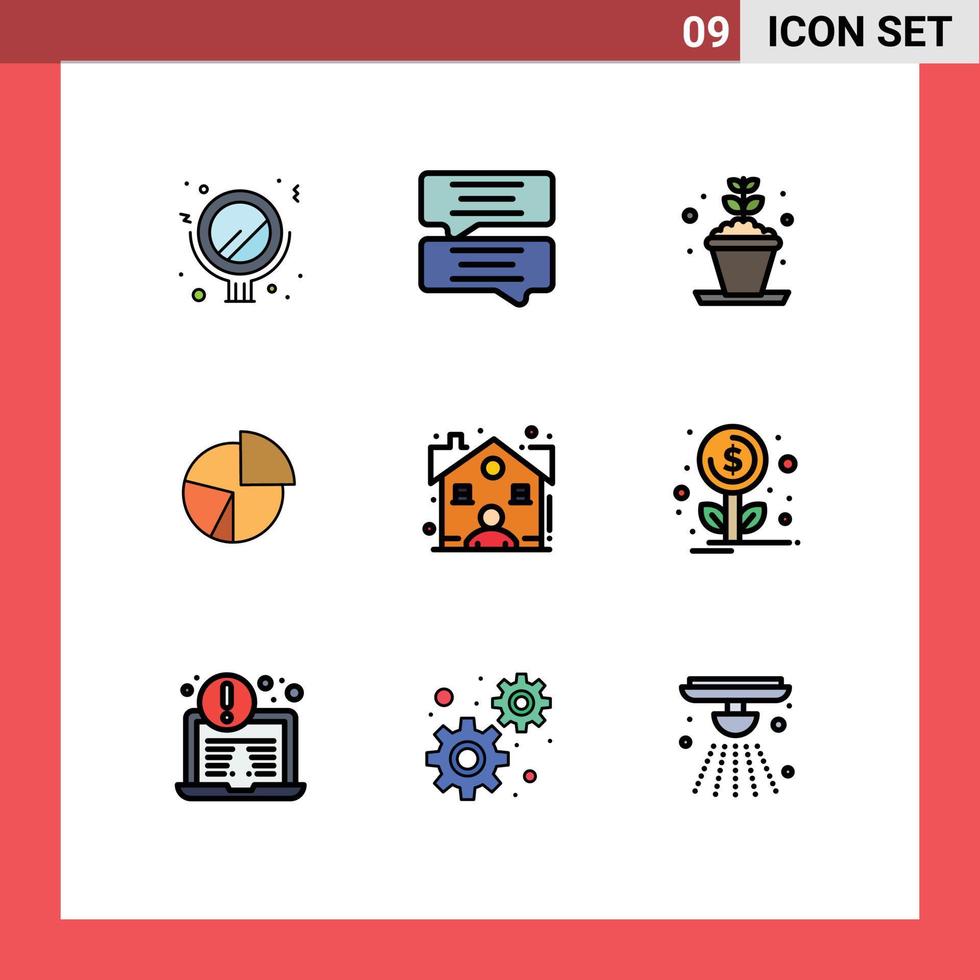 conjunto de cores planas de linha preenchida de interface móvel de 9 pictogramas de diagrama de gráfico de hobby de corretor elementos de design de vetores editáveis