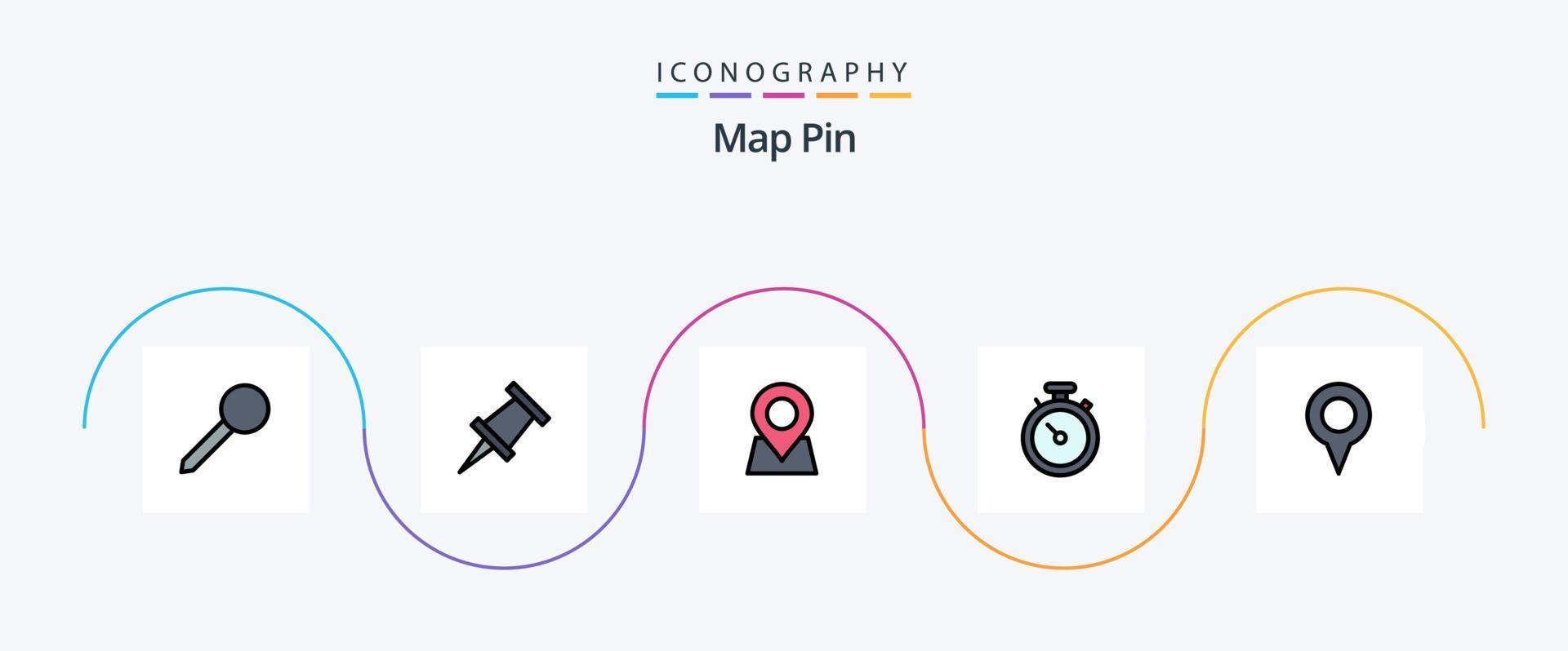 linha de pinos de mapa preenchida com 5 ícones planos, incluindo pinos. localização. marcador. localização geográfica. navegação vetor
