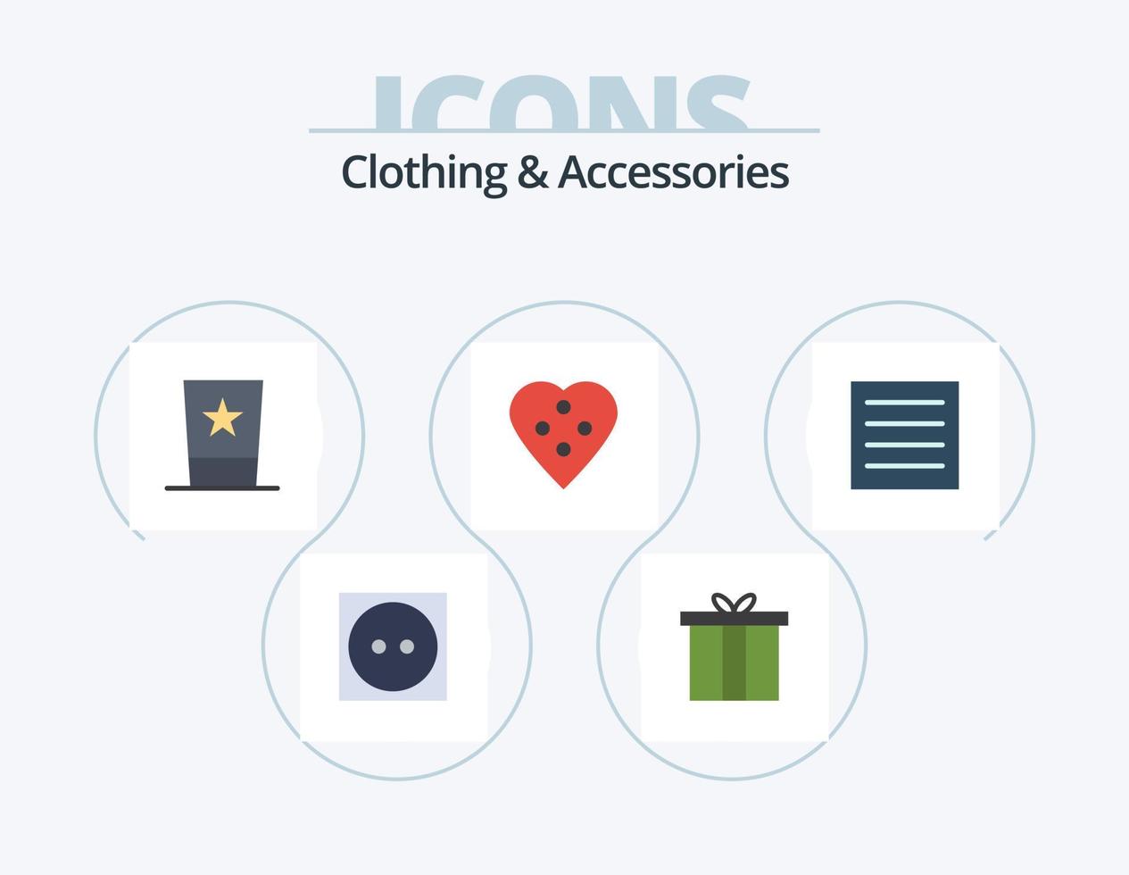 roupas e acessórios plana icon pack 5 design de ícone. acessórios de costura. costura. roupas. botão do vestido. cartola vetor