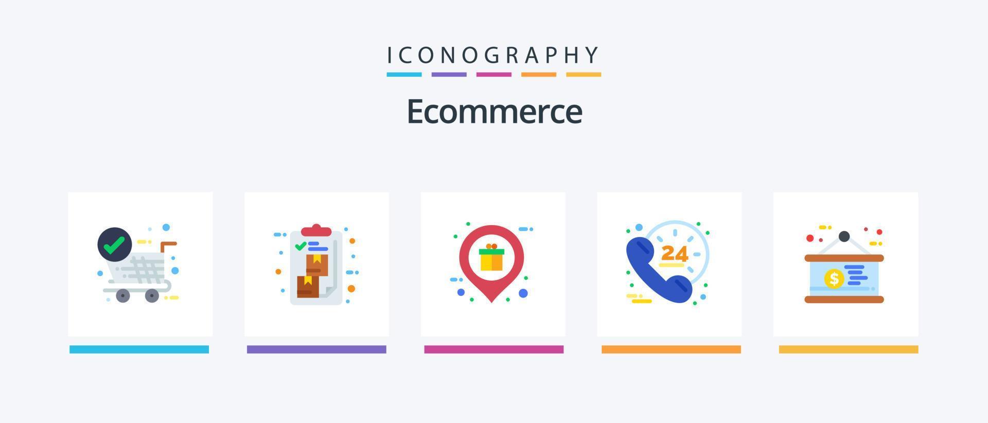 pacote de ícones plana 5 de comércio eletrônico, incluindo suporte. ligar. pacote. horas. fazer compras. design de ícones criativos vetor