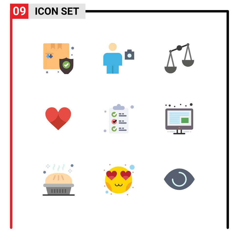 grupo de símbolos de ícone universal de 9 cores planas modernas de lista de verificação como elementos de design de vetores editáveis de presente de amor de foto