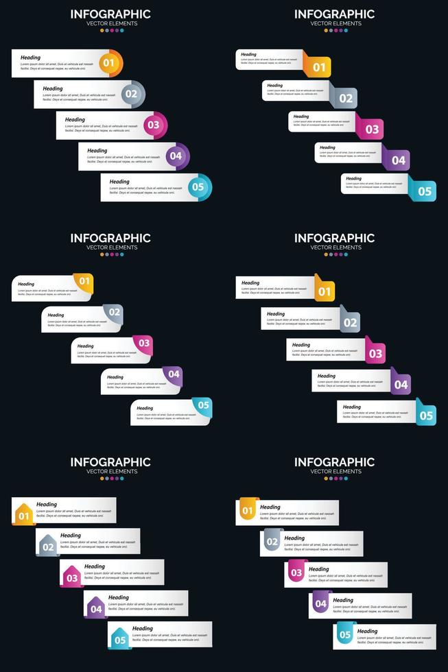 modelo de slide de apresentação de pacote de infográficos vetor 6 diagramas de ciclo de 5 etapas e linhas do tempo