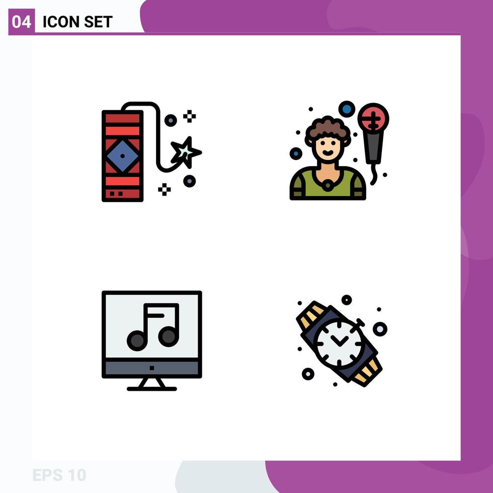4 interface do usuário pacote de cores planas de linha cheia de sinais e símbolos modernos de carnaval multimídia cantor de fogos de artifício relógio de mão editável elementos de design vetorial vetor