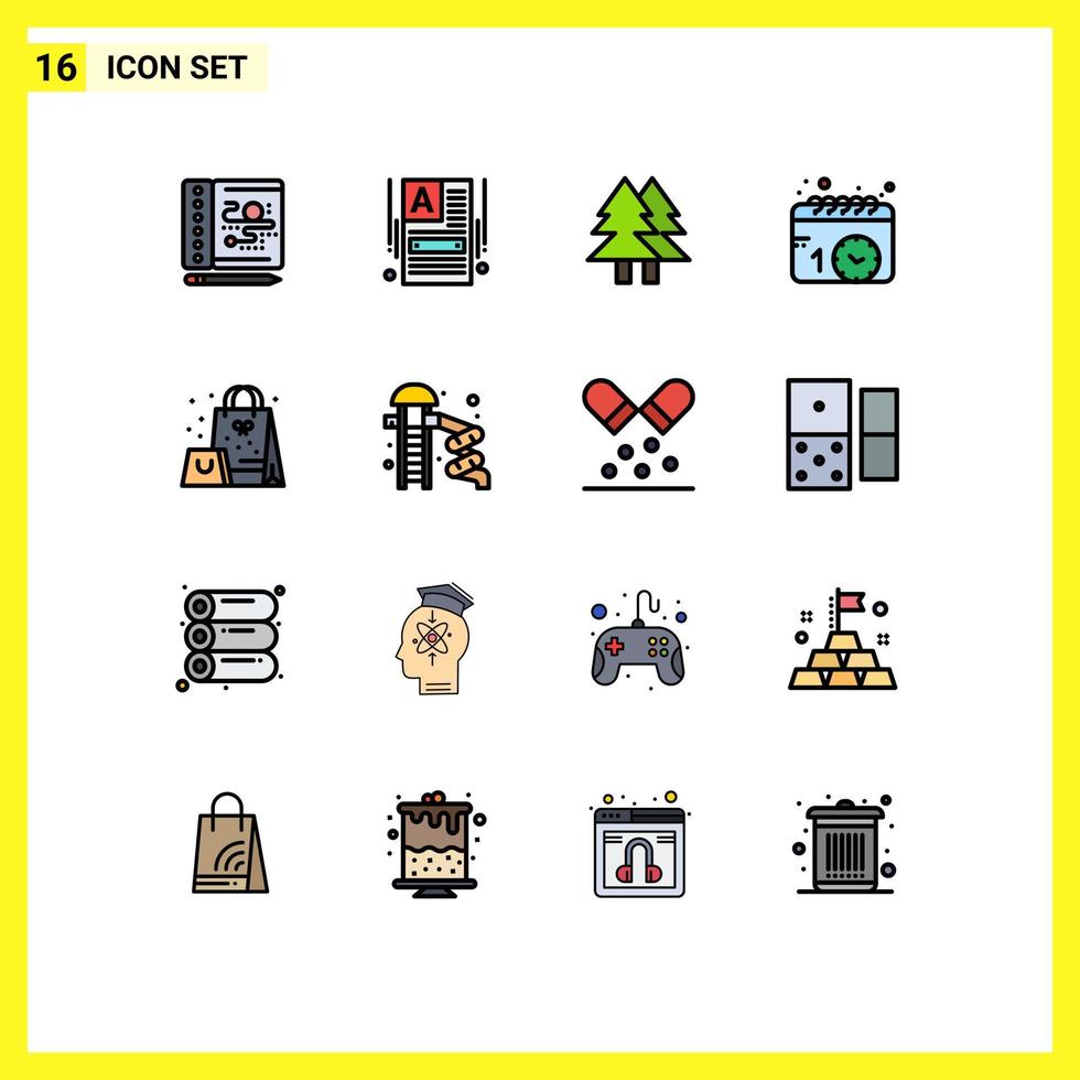 Pacote de linhas preenchidas com cores planas de 16 interfaces de sinais modernos e símbolos de relógio de presente calendário de programação ecológica editáveis elementos de design de vetores criativos
