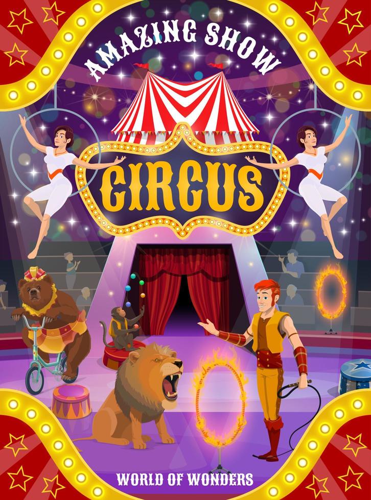 show de circo com animais, treinador e acrobatas aéreos vetor