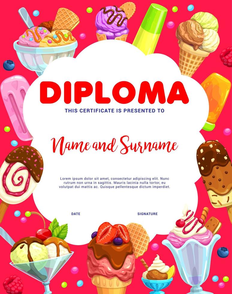 diploma infantil com sobremesas de sorvete de desenho animado vetor