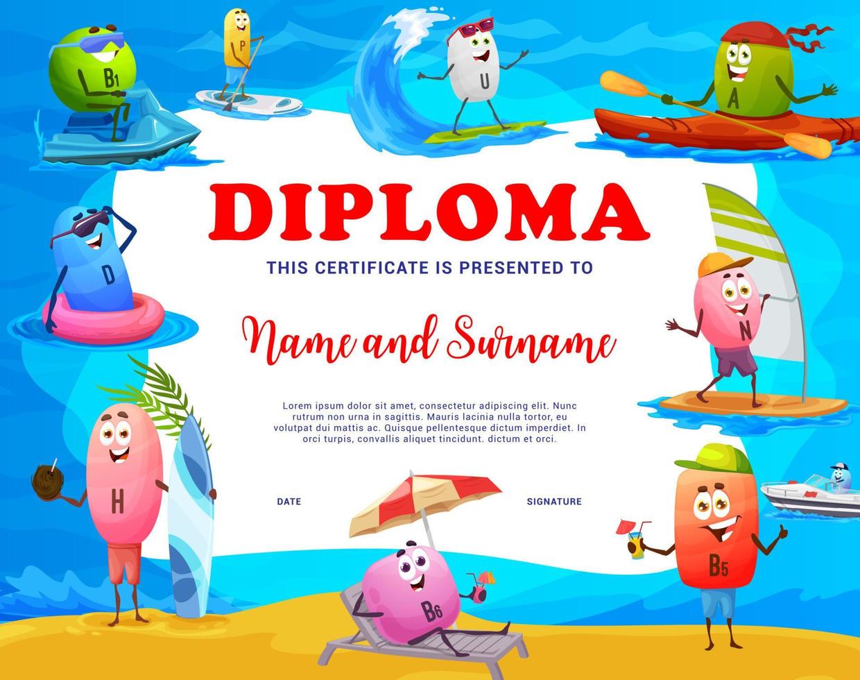 personagens de vitamina de diploma de crianças nas férias de verão vetor