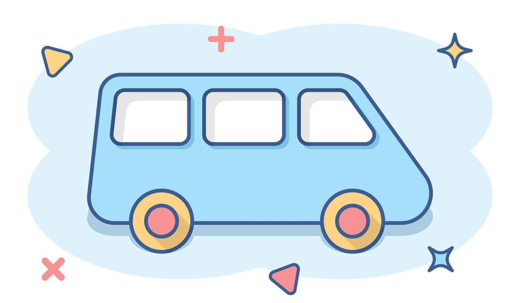 ícone de sinal de minivan de passageiros em estilo cômico. carro ônibus vector ilustração dos desenhos animados no fundo branco isolado. efeito de respingo de conceito de negócio de banner de caminhão de entrega.