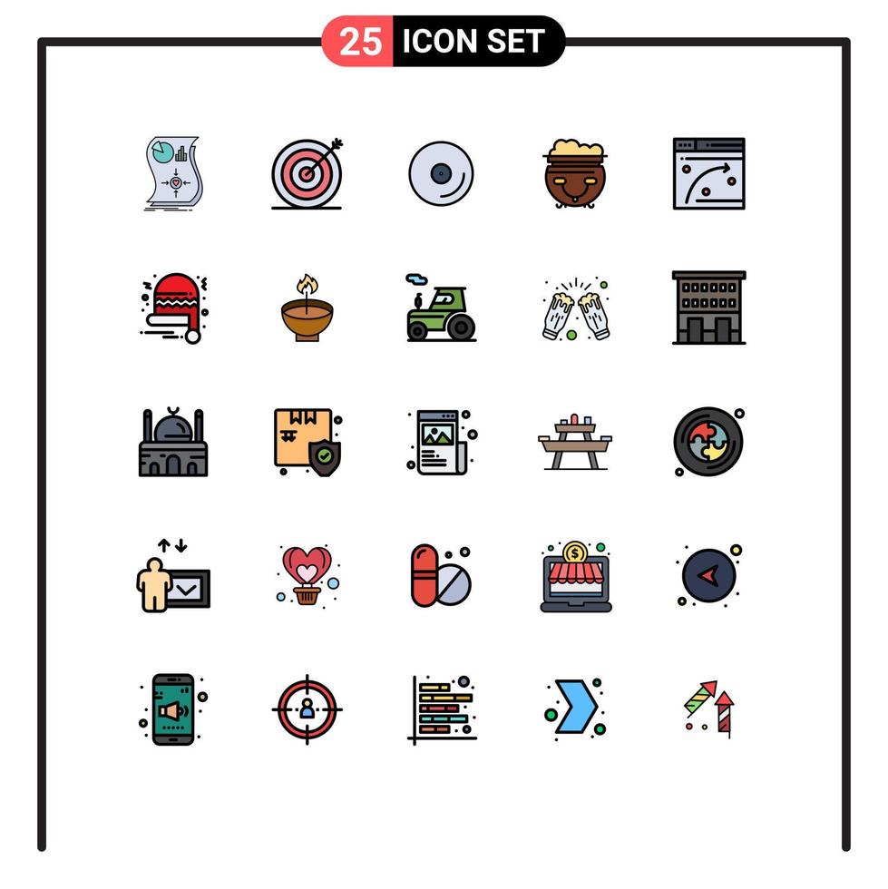 Pacote de cores planas de linha cheia de 25 interfaces de usuário de sinais e símbolos modernos de elementos de design de vetores editáveis de vídeo de pote de alvo de comida da web