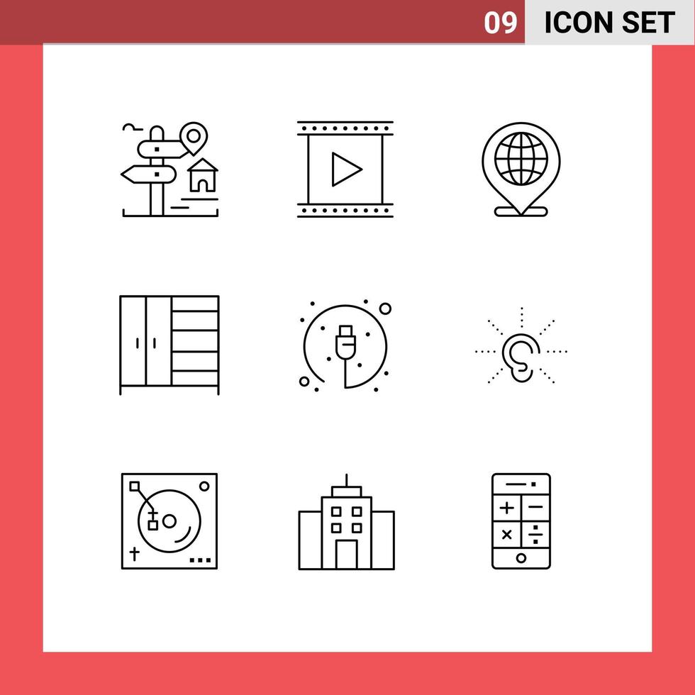 pacote de esboço de 9 símbolos universais de elementos de design de vetor editável de internet de móveis de cinema eletrônico